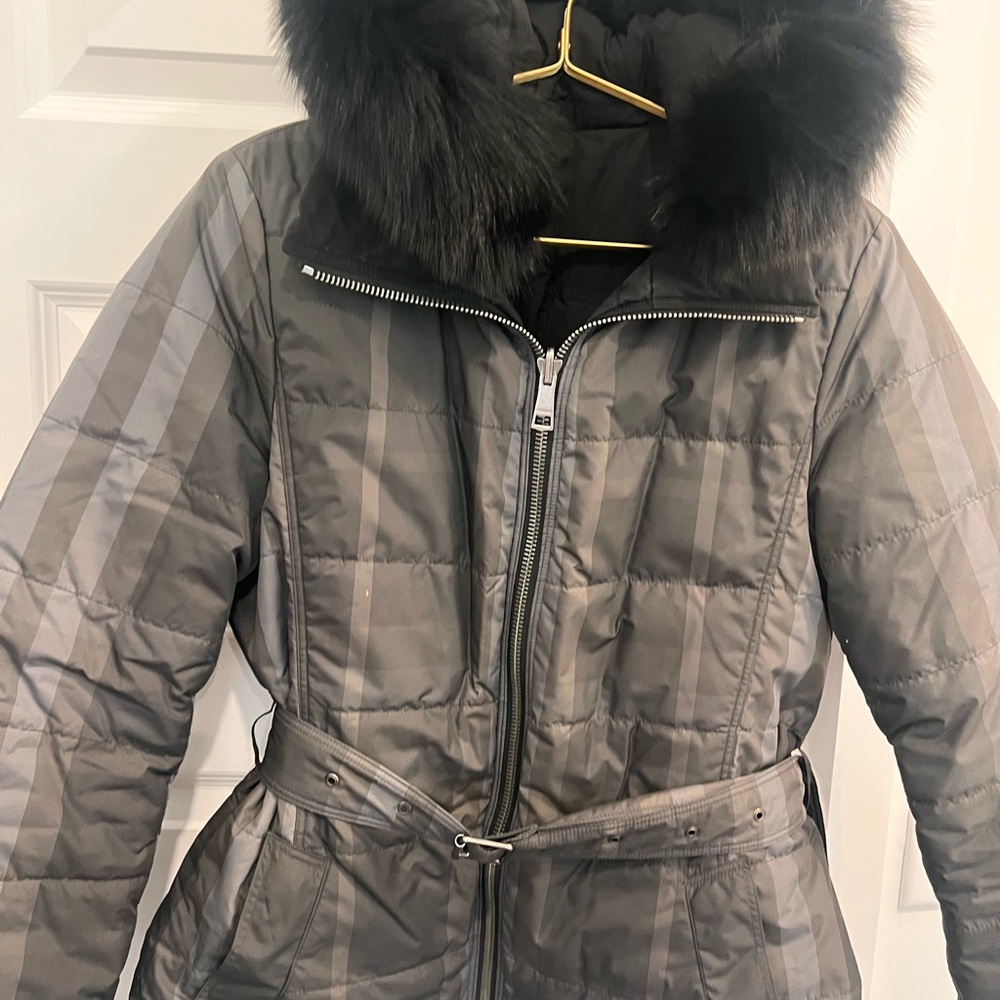Burberry Quilted Hooded Puffer Coat in Gray with Fur Trim